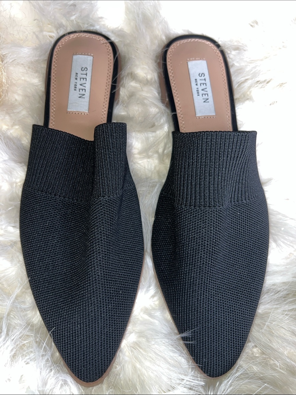 Steven by Steve Madden Black Knit Pointed Toe Slip-On Sock Mules Slides Sandals